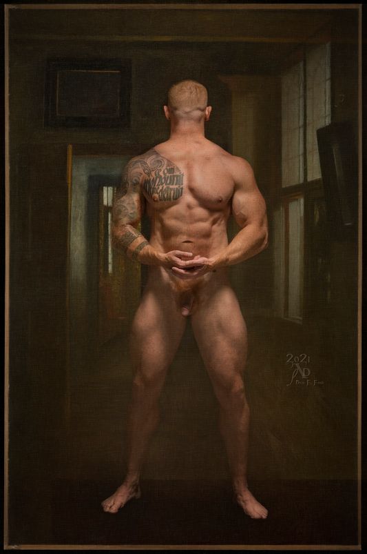 "a union that suggests the essential myst’ry of the world. art is not an end in itself, but a means of evoking that mystery full of things turned in a difference to bend  time to the inclusion of the sway pink sways with time and counting the minute hand is left unjust for censored versions sink into the covered nakedness of man  not just any but the one we’re seeing standing back in front, standing in the back of being there in front of his gleaming tattooed on his left of right with no lack  of nakedness all turned around he’s stayed in mystery evoking what we made."   "All Turned Around NO.1"