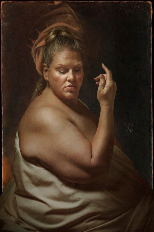 named after Apollo’s sister, you stay Herodotus’ only woman in courage or andreia, possessing way too much impossible for having been  courageous in painting the sixteenth time raped by Agostino Tassi’s cadence overshadowing careers of paint rhyme and based on a self-portrait that was once  made up like an artist with a cracked view where her craquelure provides nothing terms in reconciliations of a few demises of consent without the worms   of knowing self, wanting attentioning  and then wanting to hide in her hiding. "The Incarnation Of Artemisia"  2021