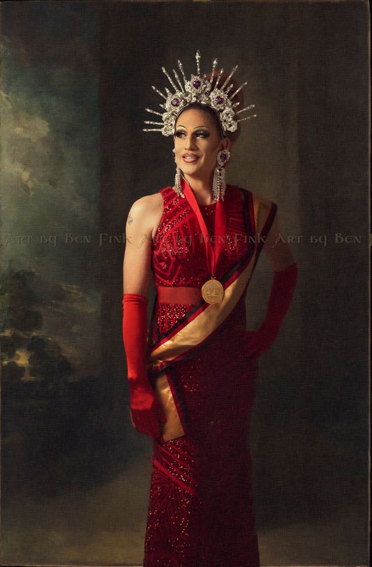 The imperial Court Coronation in San Diego 2022. Empress 16, 25, 26 and Topaz Trinity Monarch 23 -The Waterfall Empire of Hamilton, Niagara and The Tri Cities Empress of Ontario Canada, Bradley Hamacher (Miss Drew), Art by Ben Fink. Miss Drew