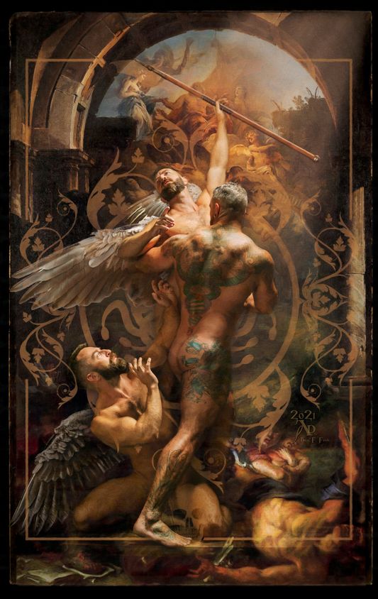 "And The War Raged On" is representative of the body of work that I've been creating for the past several years—transforming everyday people into characters in romantic and fantastical modern mythology—working with models from all walks of life–from doctors to sex workers to other artists. Through extensive post-production, I put them into settings of epic proportion. These models are observed through an objectifying gaze which simultaneously casts them as hypermasculine while also allowing them to be vulnerable. Others in the body of work question gender identity and role-playing, and there's even a nod to the idea of beings that might not be entirely human.  In this particular piece, I've used two models that I have utilized in past works to illustrate conflict in relationships through dominant and submissive positions. Placing them in an environment made up of historical imagery, This mix of elements creates an out-of-time effect in the works and makes the models godlike.  And The War Raged On No.1