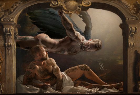 vision us outspread in flesh with my wing, with your incandescence looking my eyes in some delight almost arabesques sing the outspread songs of silent stares, love flies   us both upon our heaven made intent our trembled awe of aperture is bent gossamers, our appanage, our grace sent to be above, below and where time’s spent   with denizens of merled sense outleashed  no mere of mortaled myths condensed in place placing the touched geometry we reached  half god, half arm and winged with certain grace  to better love the loving of intent we stay soaring and soar staying  content. "A Vision No 1" 2021