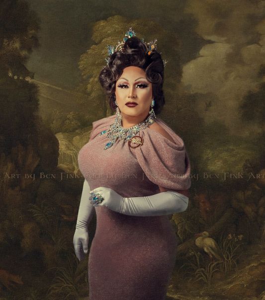 Her Serene Highness, the Resilient Emerald Peacock Princess Royale of San Diego, Jessica D’Nalga Harrington Logan LaChine. At the San Francisco Imperial Court Coronation 2022. Art by Ben Fink In the presence of, Jessica D'Nalga Harrington