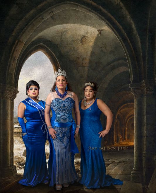 Rosio Léon  Velasco-Stoll  Grand Duchess to the 43 Reign Left - Vanity O'Hara Moore Grand Duches to the 48 Reign Center - Rosio Léon Velasco-Stoll Grand Duchess to the 43 Reign Right - Cassidy De Shire Mz. Gay Central Valley 2022 Art By Ben Fink, for the project Noble Deeds" Vanity O'Hara Moore, Rosio Léon Velasco,  and Cassidy De Shire, 2022