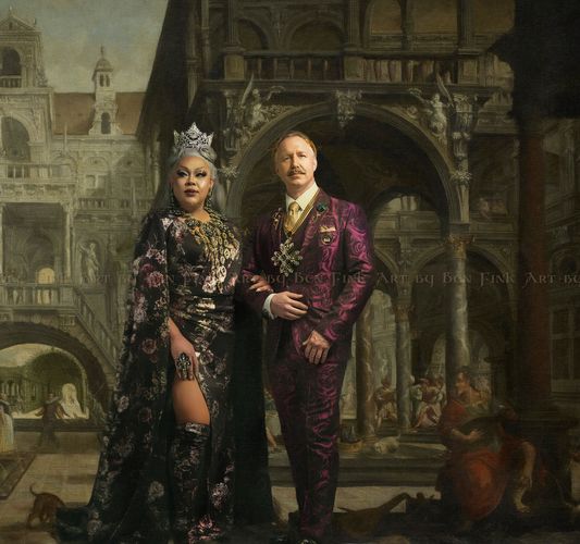 The Golden Debonair Mustache Emperor Brent Daddy Munro  and The First Full Blooded  Filipina Babaylan Essential Pearl Empress, Ehra Amaya.. Art By Ben Fink. Brent Daddy Munro and Ehra Amaya