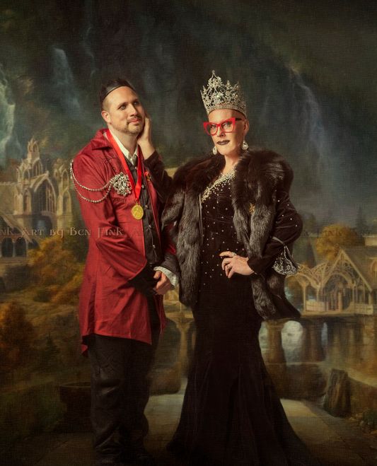 Katherine Magdalene Rose The Garnet Mistress of Love, Unity, Service and Tenacity, Grand Duchess 47, the Lady Katherine Rose, first son Seanny Drakon Phoenix, Reigning Royal Daddy of San Francisco. Art By Ben Fink. Lady Katherine Rose with son Seanny Drakon Phoenix