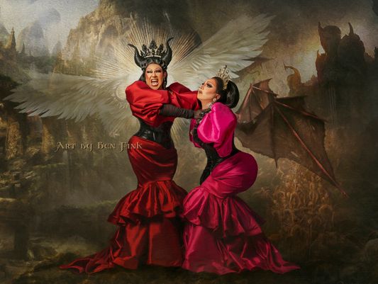 Her Most Imperial Sovereign Majesty, The Viva La Vida, The Sacred Heart Protector, and Star Monarch, The Double Crown Angel Pearl Empress 48 & 49, Buganvilia Thorns.  Heir Apparent to QM1 of the Americas, Her Serene Highness and The 49 1/2 Holder of the Sacred Heart Empress of Los Angeles, the Diva of la Ciudad de Plata, the Resilient Princess Royale of San Diego, Jessica D’Nalga Harrington. Art by Ben Fink for the project "Noble Deeds" "The Sweetness of Evil" 2022