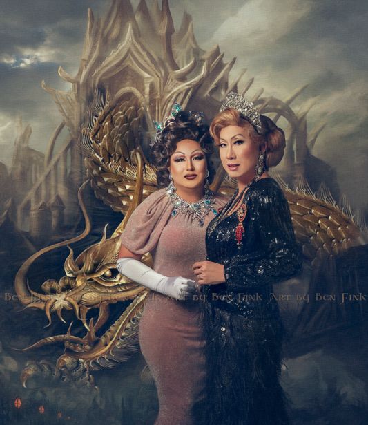 “Empress VII, The Celestial Dragon, New York, Coco LaChine” and now named The First in Line of Succession, Heir Queen Mother II and Her Serene Highness, the Resilient Emerald Peacock Princess Royale of San Diego, Jessica D’Nalga Harrington Logan LaChine and Granddaughter to her Majesty. At the San Francisco Imperial Court Coronation 2022. Art by Ben Fink Guardian Golden Dragon protects, Jessica and Coco