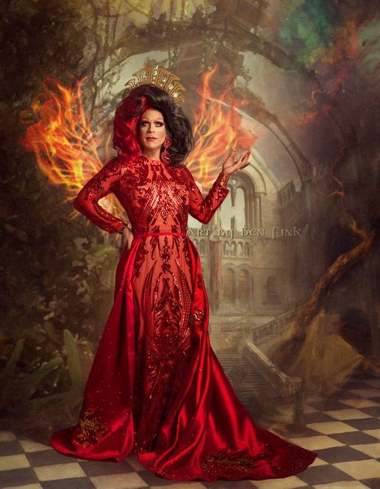 Kir, as the Phoenix, Empress XLVI of the Royal Court of the Golden Spike Empire, Kir Royale. Art by Ben Fink, for the project "Noble Deeds" Golden Spike Empire, Kir Royale