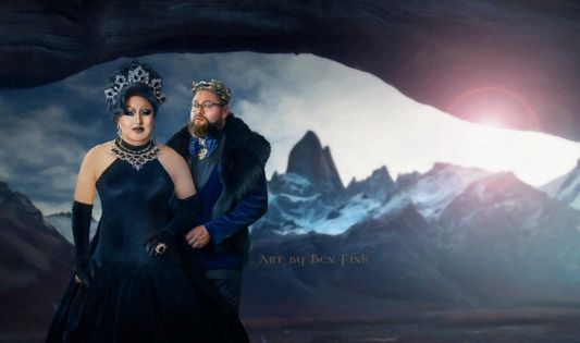 The Imperial Double Eagle Crown Prince and Royal son to the Queen Mother of the Americas Cesar A Reyes, and Her Serene Highness and The 49 1/2 Holder of the Sacred Heart Empress of Los Angeles, the Diva of la Ciudad de Plata, the Resilient Emerald Peacock Princess Royale of San Diego, Jessica D’Nalga Harrington Thorns Logan LaChine. Art By Ben Fink Jessica and Cesar