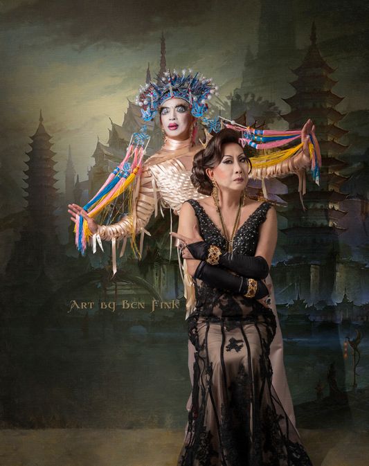 The Celestial Dragon Empress of New York Coco LaChine, and Queen Mother II Elect of the Americas  The 50th Elected Empress of Vancouver, BC, The Mother Court of Canada, The Body Politic, 50 at 50 Empress, Fancy Pants, Art by Ben Fink for the project "Noble Deeds" Coco LaChine and Tee Kow, Fancy Pants