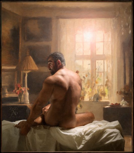 "light witnesses the evidence of calm of scurried resplendence across your pink incursions where illusions become psalm and gossamer the shadows of my ink  turned recollection burnished by the bright, the familiar and the white wrinkles strewn around reminders of your dance with night  here no remainders gather up my lines edged in around time’s decadence just as we see your prescencing, an hour binds us both in studying what art has  that peels the pull of you in front of us causing a second look, a nemesis." "Morning Light No. 1"  2021