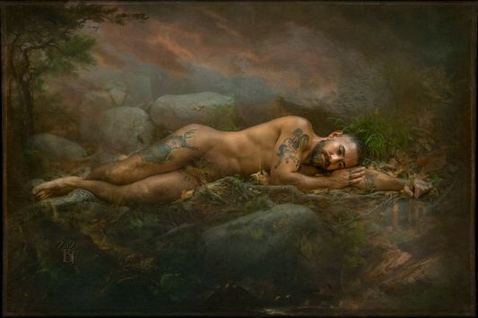 there on the grey greening fawn’s daydreaming  stretches imaginary lines somewhere in the ancient ways of Aires they’re singing  in the very place that their lines  can dare   the solitudes fawns agree to before starting the myth, once begun its too late and there is no matinee playing or  any more showings and so they just wait  if you have ever seen a waiting fawn  you’ll know what I mean, they are very good at waiting in the long abouts of dawn but it doesn’t matter really why should   it, I’m here for the waiting fawn are you? come wait with me in their greying green blue.  November 21, 2021 5:05pm Sunday evening esperance "Daydreaming Fawn" 2021