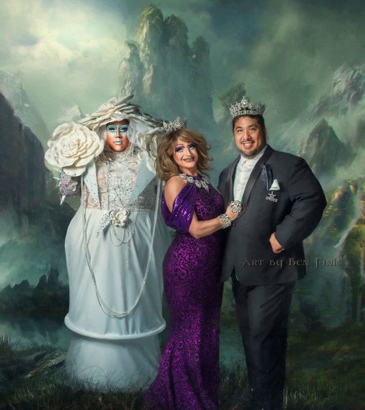 A Family Portrait in the kingdomeror 48 Zack PowerHowz, and The Silver & Amethyst Dragonfly, Phyllis Hole Empress 48, of the Dove Court de Fresno, HMIM The Bedazzled Neon Green Crested Cactus, Empand Empress 43 of the Imperial Dove Court de Fresno, Isis De Luna, of the Imperial Dove Court de Fresno, Art By Ben Fink, for the book Noble Deeds" Family Portrait, Zack PowerHowz, Isis De Luna, and Phyllis Hole.