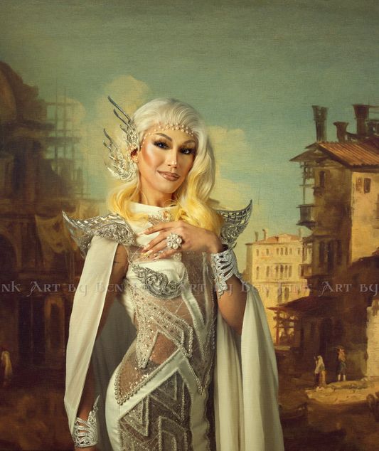 From the 2022 Imperial Court of San Francisco Coronation. Siam Pussie, Atay drag queen who represents Thai and Indian performance culture. Art by Ben Fink Chuchote Sarawut in the warm sun of the east