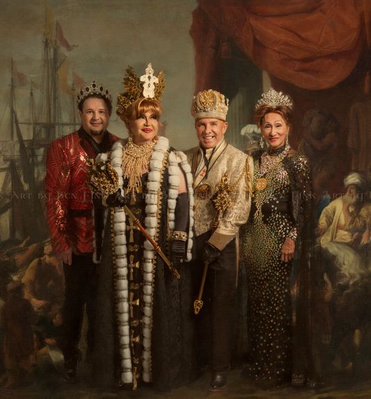 From QM to the right, The QUEEN MOTHER 1 OF THE INTERNATIONAL IMPERIAL COURT SYSTEM of USA, CANADA, MEXICO EMPRESS NICOLE THE GREAT and the KING FATHER 1 OF THE AMERICAS EMPEROR TERRY SIDIE. To the right: President of the Board of Directors of ICLAH, Empress 23, 24, 32, 40 President of the Board of Directors of Court of Imperial Court of Los Angeles & Hollywood, Queen Mother Of Southern California, Czarina 1 of the Americas Karina Samala. To the left: His Most Imperial Majesty, The Saint Petersburg Double-Headed Diamond Eagle, Excalibur Emperor 49 and Reigning Regent Emperor 52 Eugene MaySky. Art By Ben Fink. Official Queen Mother King Father Portrait