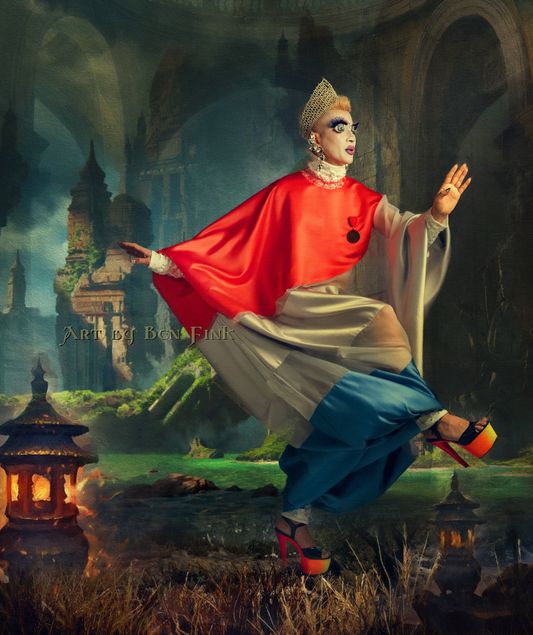 The 50th Elected Empress of Vancouver, BC, The Mother Court of Canada, The Body Politic, 50 at 50 Empress, Fancy Pants, Art by Ben Fink for the project "Noble Deeds" Tee Kow