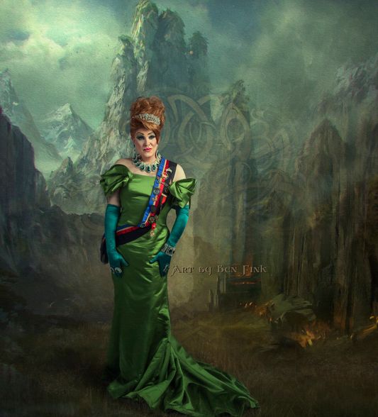 Enchanted Emerald Claddagh Empress XXXIX Imperial Court de San Diego.  Order of Jose I.  Erika Odessa Dior Art by Ben Fink. Erika Odessa Dior