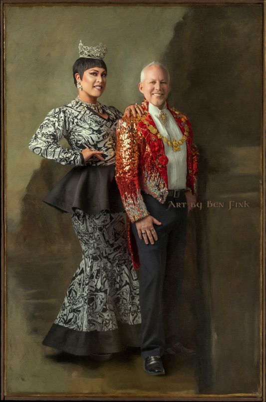 Emperor XLII Daniel Surreal Foxx, Empress LXI JenuWine Surreal Beauté Rose Empress LXI JenuWine Surreal Beauté & Rose Emperor XLII Daniel Surreal Foxx Art by Ben Fink for the project "Noble Deeds" Daniel "Surreal Foxx and JenuWine Surreal Beauté" 2022