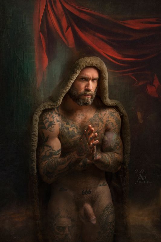 Ben Fink: 	The last Temptation of Gabriel  Terrel Hale: 	Gabriel, God is my strength, temptation soul pirate of inclusion tempting me unhardened hearts of solitude to one unleash the sombers of eternity   to call in foreign tongues of one longed grace manage aperture’s painted craquelure  decide amalgamated ways to taste the moon on streets where echos still murmur  in some appanage of brilliance just here  covered in a skin of no regret each time the hands pray god to answer still near each handled center where one heart will reach  pray quietness distilled on shadowing  in hopes of incarnates of his waiting.  October 20th, 2021 "The Temptation of Gabriel" 2021