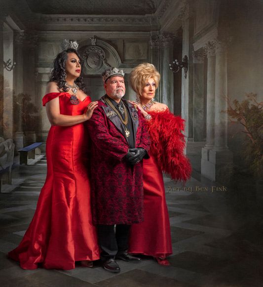 Her Most Imperial Majesty, The Spicy Latina Bumblebee, Hot Cheetos Loving, the 49th Elected Empress of the Imperial Dove Court de Fresno, Venus DeCarlo. The Taco Loving, Oreo Eating, Purple and Golden Hearted Silver Bear, the 49th Elected Emperor of Imperial Dove Court de Fresno, His Most Imperial Majesty, Emperor Christopher Too, and Jesse I & IV, Queen Mother II, Art By Ben Fink, for the project Noble Deeds" "Christopher Too, Venus DeCarlo and Jesse I & IV, Queen Mother II," 2022