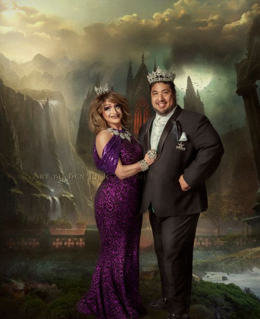 HMIM The Bedazzled Neon Green Crested Cactus, Emperor 48 Zack PowerHowz, and The Silver & Amethyst Dragonfly, Phyllis Hole Empress 48 of the Imperial Dove Court de Fresno, Art By Ben Fink, for the book Noble Deeds" Zack PowerHowz and Phyllis Hole