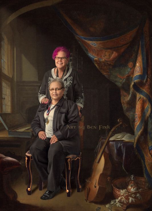 From the Royal Grand Ducal Council of Alameda & Contra Costa Counties  Royal Crown Count for Life to Reign III, Rosalie DiMaggio and Royal Crown Countess for Life to Reign III, Ro-Jane Reicks.  Art by Ben Fink for the project "Noble Deeds" Rosalie DiMaggio and Ro-Jane Reicks, and