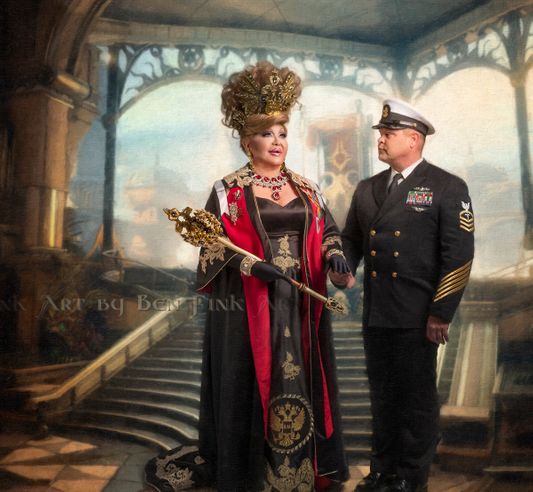 There are many  Veterans and active military personnel involved in the INTERNATIONAL  IMPERIAL  COURTS  including some who are currently reigning monarchs.  QUEEN MOTHER  1 of the Americas  Empress  Nicole the Great led the national successful campaign along with the court chapters that resulted in the USNS HARVEY MILK.  Pictured are the QUEEN  MOTHER and the reigning  EMPEROR  of Chicago  and the Military  Czar to Her Majesty  NAVAL CHIEF PETTY OFFICER  DUNCAN STUART...  art by Ben Fink Chief Petty Officer  Stuart is slated to receive the U.S. NAVAL Humanitarian medal for his outstanding service to AFGHANISTAN refugees. QUEEN MOTHER 1 Nichole and NAVAL CHIEF PETTY OFFICERDuncan