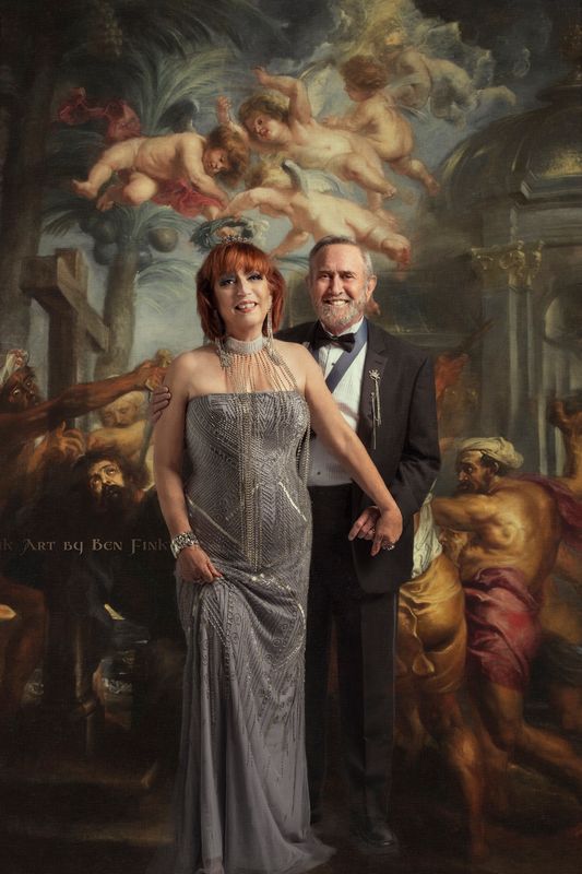 Dennis Harrigan, Imperial Crown Prince, 47, 48;   Rhonda Harrigan, Imperial Crown Princess, 47, 48.  Imperial Court Sacramento. Art By Ben Fink. for the Book "Noble Deeds" Dennis and Rhonda Smith Harrigan