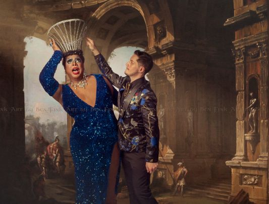 Rainier 47, The Emperor of Sass and Class Paul Paradisco and the 50th daughter of the Olympias, Olympia 50, the 5G Empress of Seattle the Golden Goddess of Gaming, Glamour, guac, Londyn Bradshaw. Art By Ben Fink.  Paul Paradisco and Londyn Bradshaw