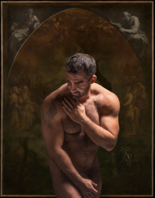 reverencing in whispers of no kind, no sense or purposing, no touched intent here sharing vulnerability, we go with you to where we also want to show our owned presencing undressed like a mirror  to see undone our brotherhood, our might made more resilience in our chosen bare and naked choices choosing this timed light to caress each embrace caressing air  we share unbutttoned nows, we share our pink our flesh upon flesh undressing each kept desire bent to desiring ink to write our words across where we have wept  in quiet possibilities of touch we touch each other’s silences so much.   "Modest Man"  2021