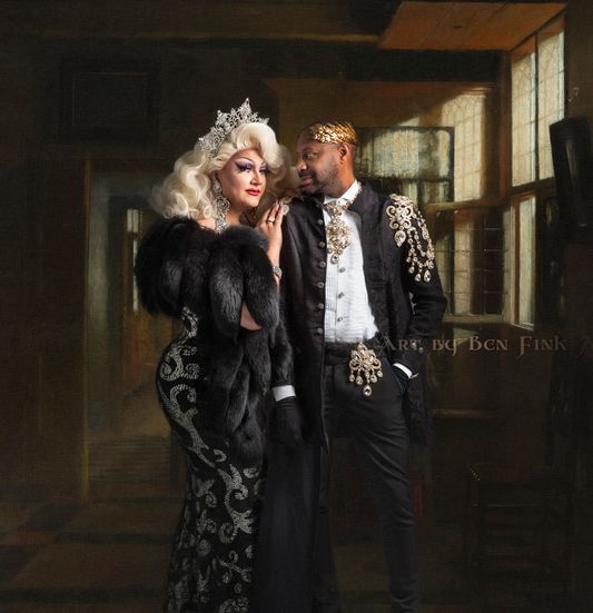 The Side-Eyeing, quick-witted Black Panther, Wakandan Emperor 47 After Norton: Terrill Grimes Munro. AND The Garnet Flamed, Spirit of the Phoenix, Absolute Empress 54 de San Francisco: Baby Shaques Munro. Art By Ben Fink, Book "Noble Deeds" Baby-Shaques Munro and Terrill Grimes Munro