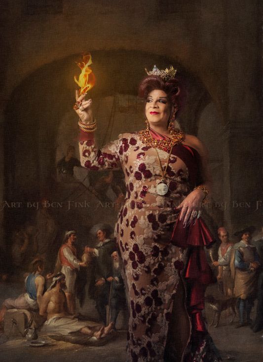 The First Latina elected Empress of Sanfrancisco, The Flemming fuchsia flamingo Empress Absolute empress 33 de San Francisco Alexis Miranda, Art by Ben Fink. On Fire, Alexis Miranda