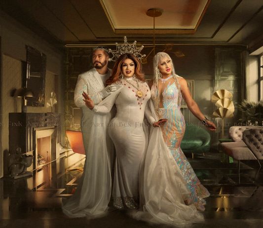 From the Imperial Sovereign Court of New Mexico's Enchantment College of Monarchs Imperial Empress XXIII Seliah DeLeon in the center, and From the  Zia College of Cardinals, Imperial Imperial Princess Royal XXVII D'Lite DeLeon, to the left and Imperial Crown Prince XXVII Atlas DeLeon, to the right. Art By Ben Fink. Sovereign Court of New Mexico's