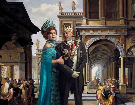 "Obsidian Double Dragon Emperor XL T. Brian Dickerson" and  Golden Dragon Empress 33 Lala Too, and My Family The House Of Asia, Art by Ben Fink. Lala Too and Tom Brian Dickerson