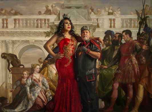 Her Most Imperial Majesty, The Spicy Latina Bumblebee, Hot Cheetos Loving, the 49th Elected Empress of the Imperial Dove Court de Fresno, Venus DeCarlo. The Taco Loving, Oreo Eating, Purple and Golden Hearted Silver Bear, the 49th Elected Emperor of Imperial Dove Court de Fresno, His Most Imperial Majesty, Emperor Christopher Too. Art By Ben Fink, for the project Noble Deeds" "Christopher Too and Venus DeCarlo" 2022