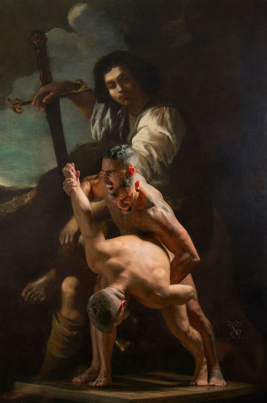 calm angry faces of one two suppose  three in the parturition’s flesh assay the sent directions of a naked pose in sallow of residuum’s autumned day  accoutered calm in visual galere  the coterie of each becomes their scud to stay their measure and to almost share while waiting changing stance and blooming blood  while others two as puppets of one stoned watch in these calm spaces a gamesomed pink fleshed into the eroticism owned  by the flesh in the dark shadows of ink  scurried, amalgamated into here a real presencing is very near.  "Goliath's Puppets" 2021