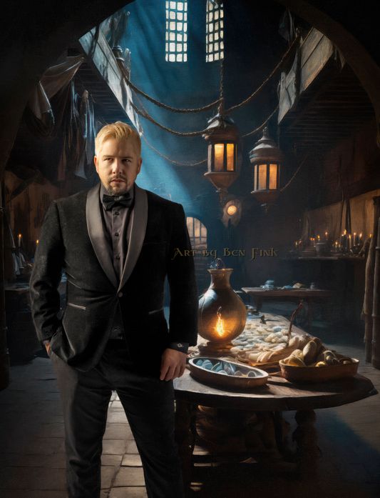 Candidate for Emperor 51 of Vancouver, BC, the Scottishsensation, Scotty B. Boxx, 2023, art by Ben Fink for the project "Noble Deeds."