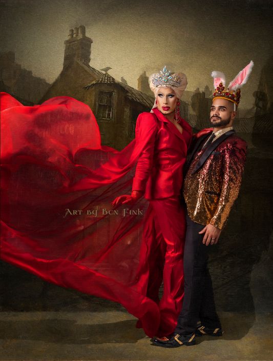 Grand Duchess Bobby Friday, The Fierce Glittering Diamond and The Hologram and Grand Duke Scott Rice The Steadfast Steed of Sincerity. Art By Ben Fink for the project "Noble Deeds." "Bobby Friday and Scott Rice" 2022