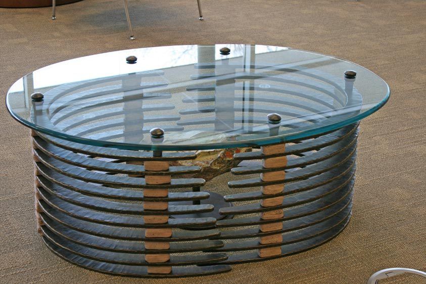 Rim Rock Table  forged steel, sandstone, & tempered glass 20'' x 38'' x 24''