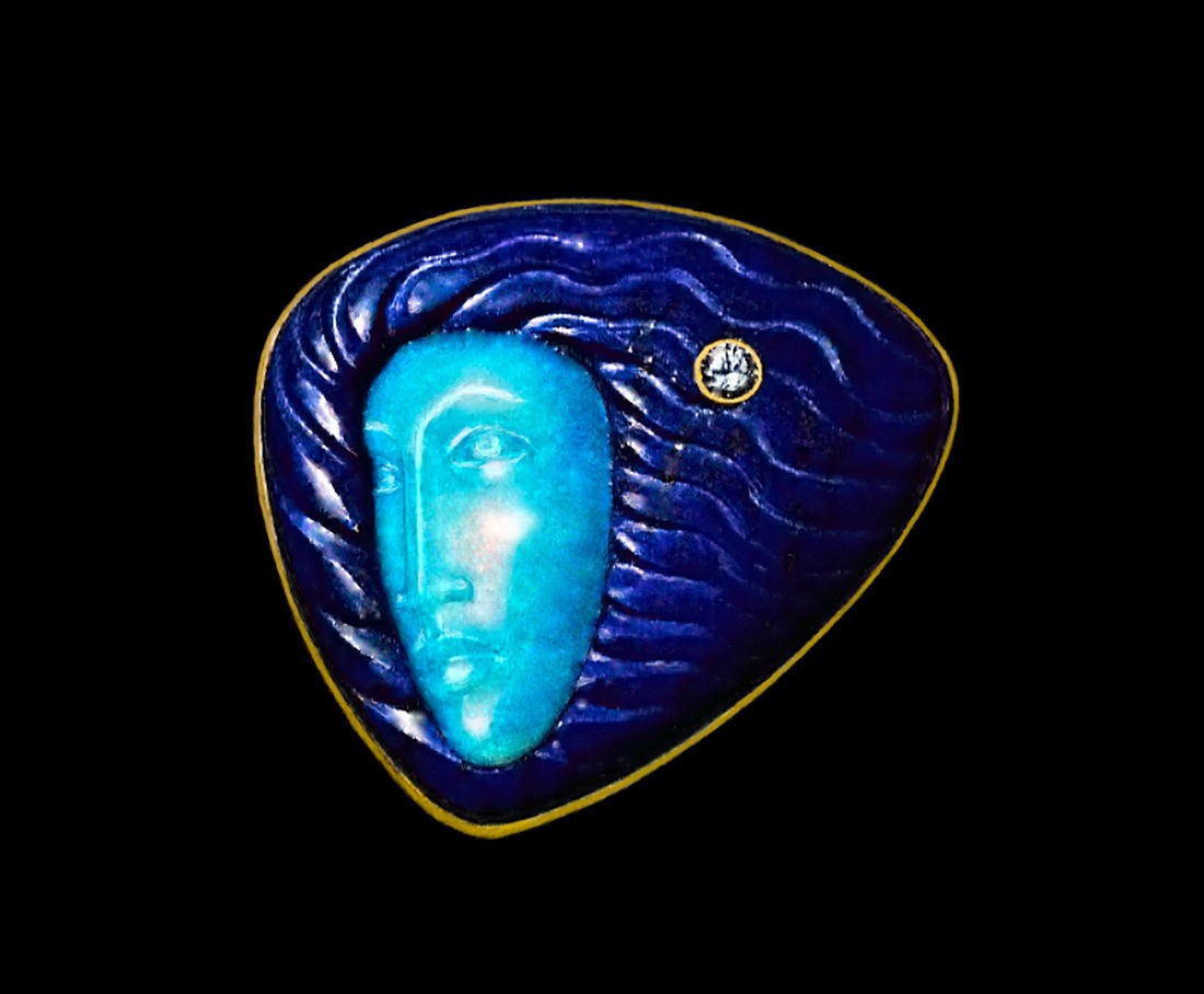 Gem Sculpure Lapis Lazuli inlayed Face in Brazilian Opal and .50 ct. dia. Brooch/Pendant