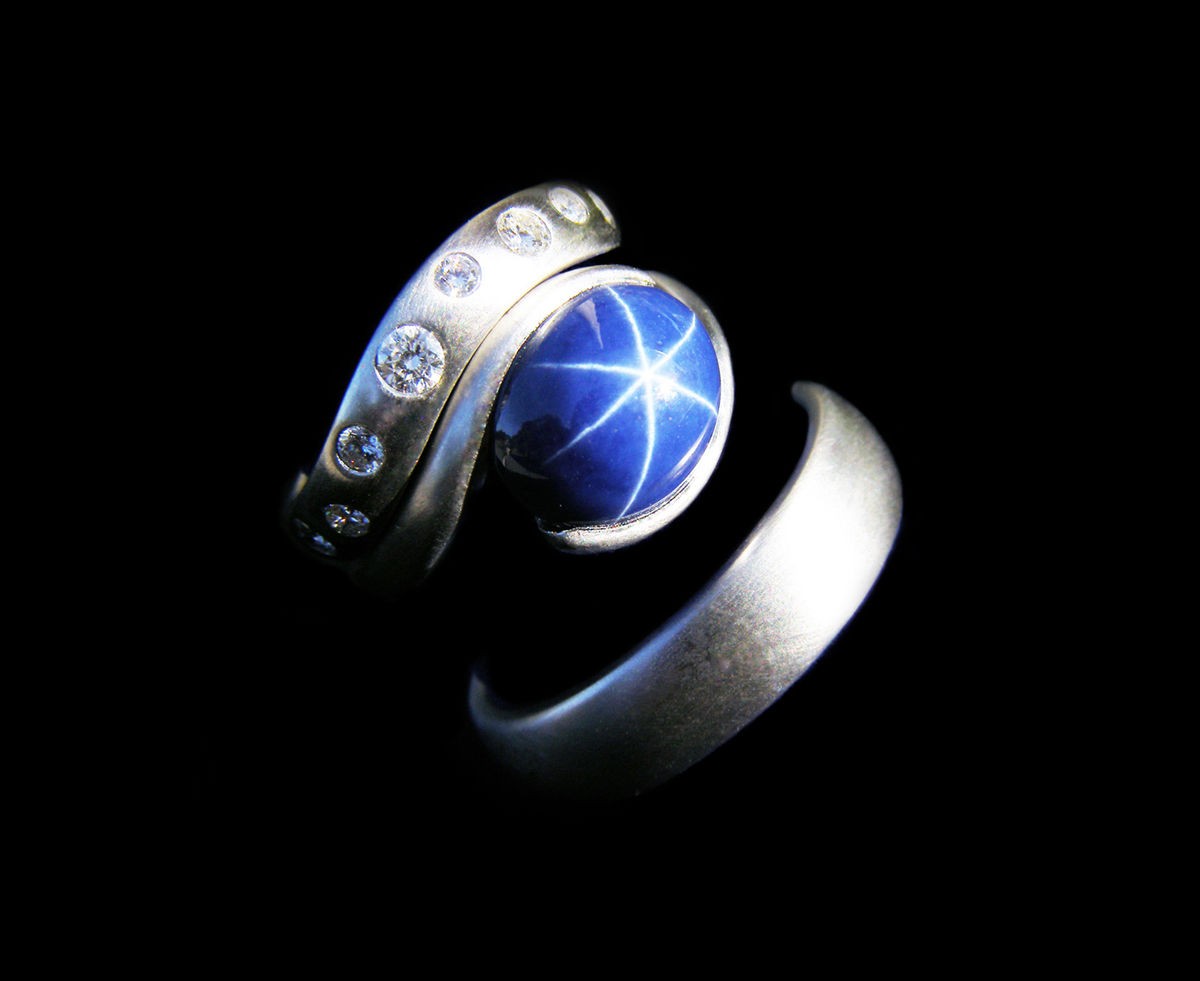 Platinum Wedding Set 8 ct. Star Sapphire Engagement Ring 10 @ dia. in her Wedding Band.