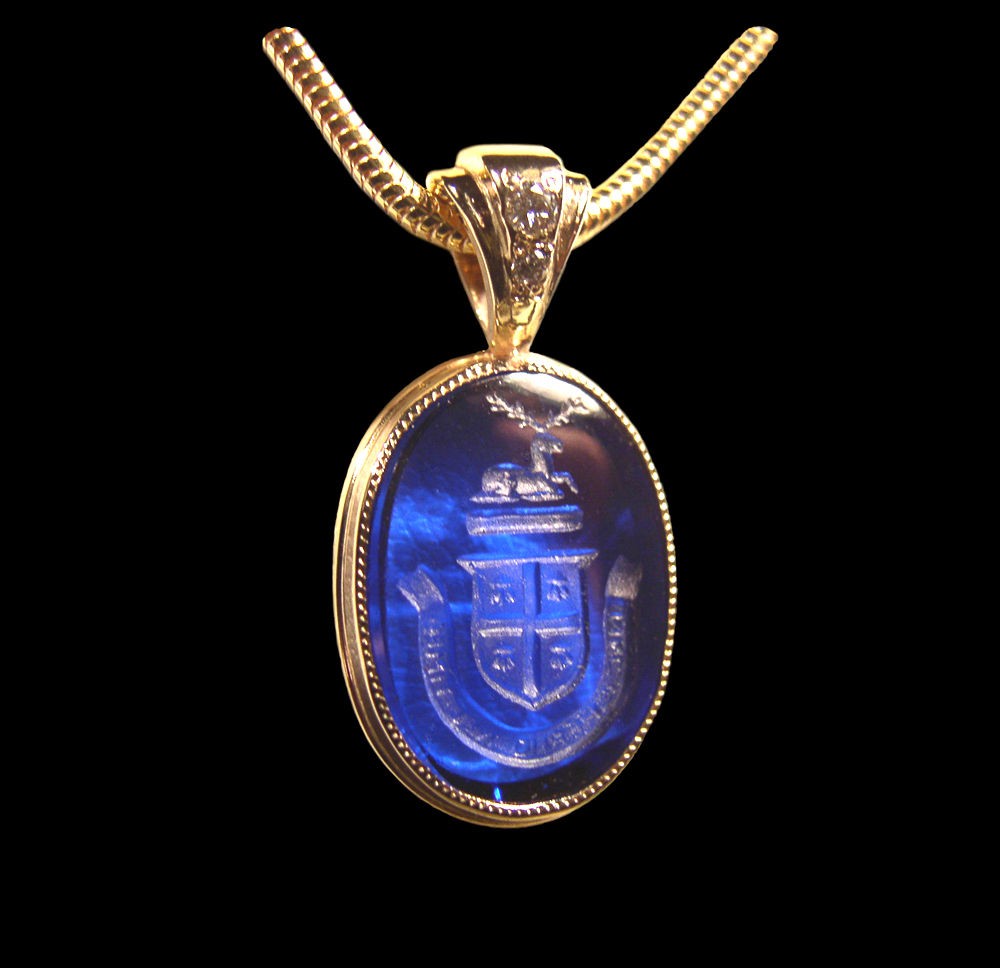 Family Crest Pendant Sapphire of the Cogswell Family in 14 kt. set with diamonds