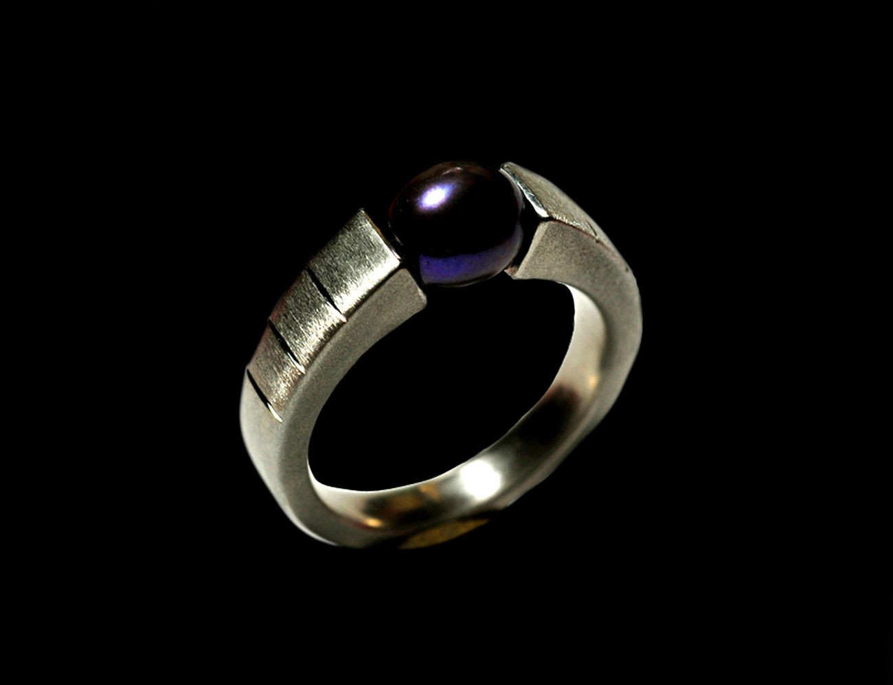 Stainless Steel Ring with Tahitian Black Pearl