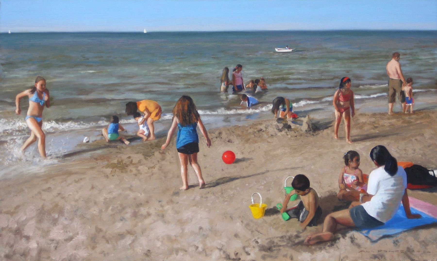 Figures on Montrose Beach 36" x 60" oil on canvas by Ann Ponce