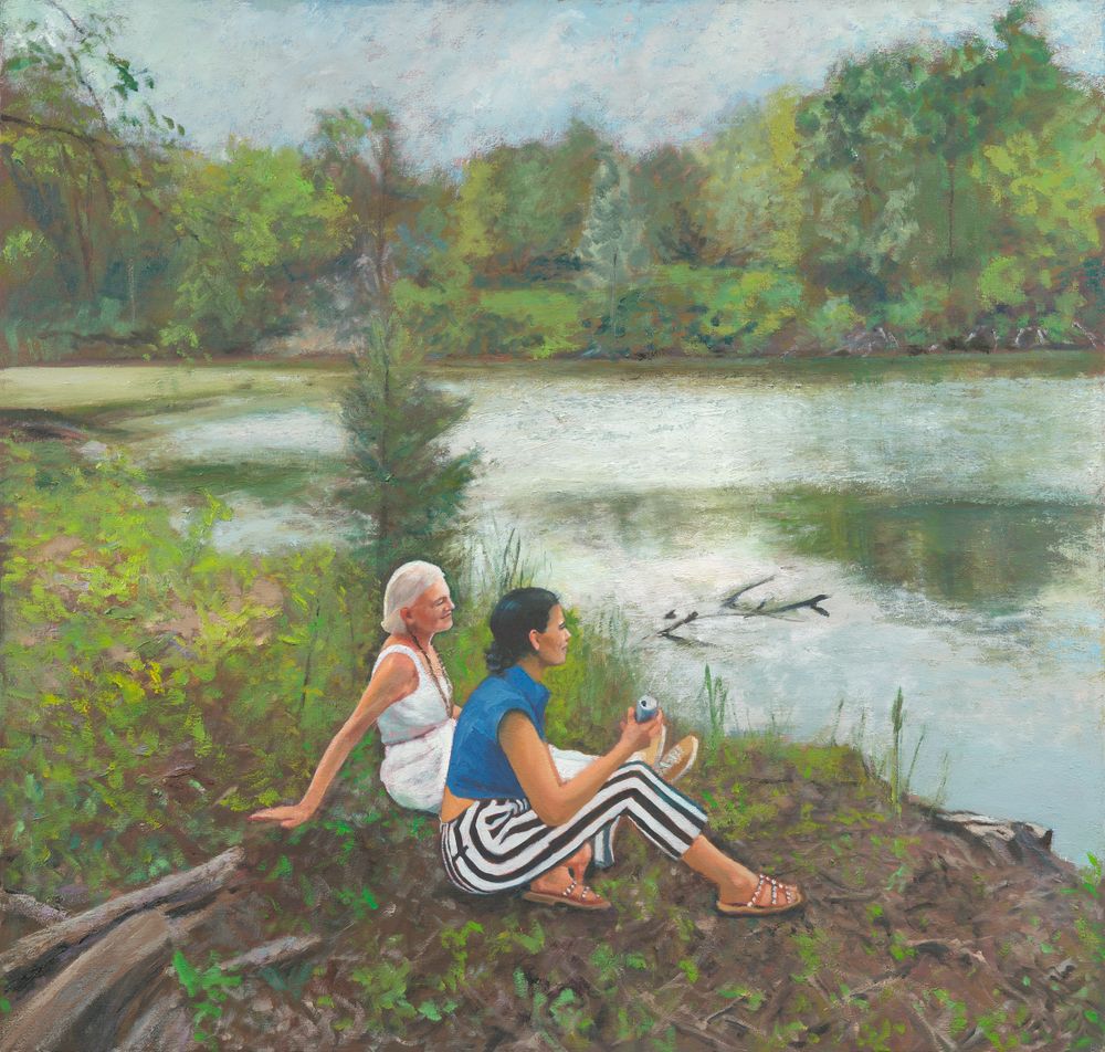 Two Figures by the Pond, oil on linen 38x40"