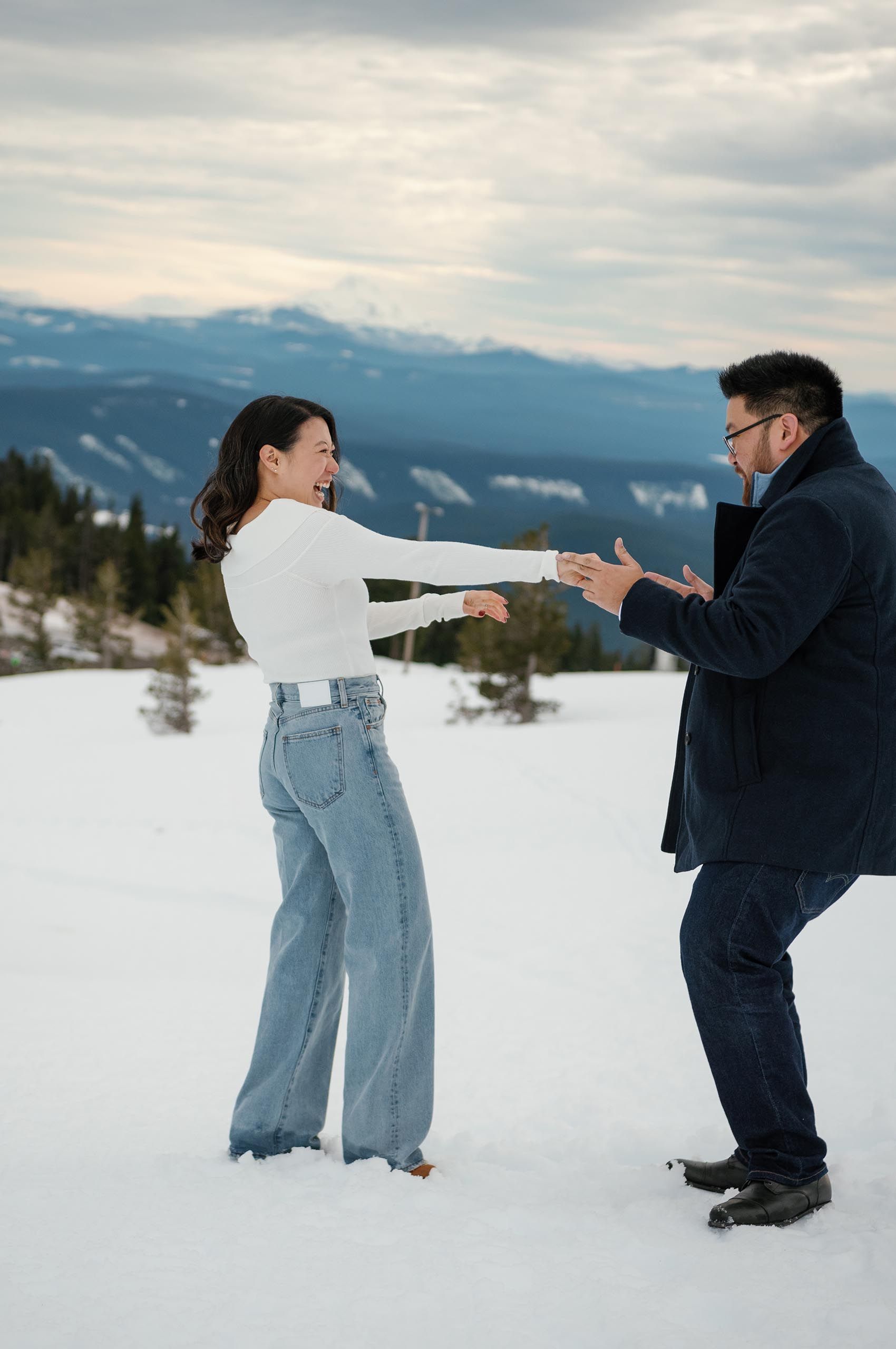 Winter engagement at Timberline Lodge