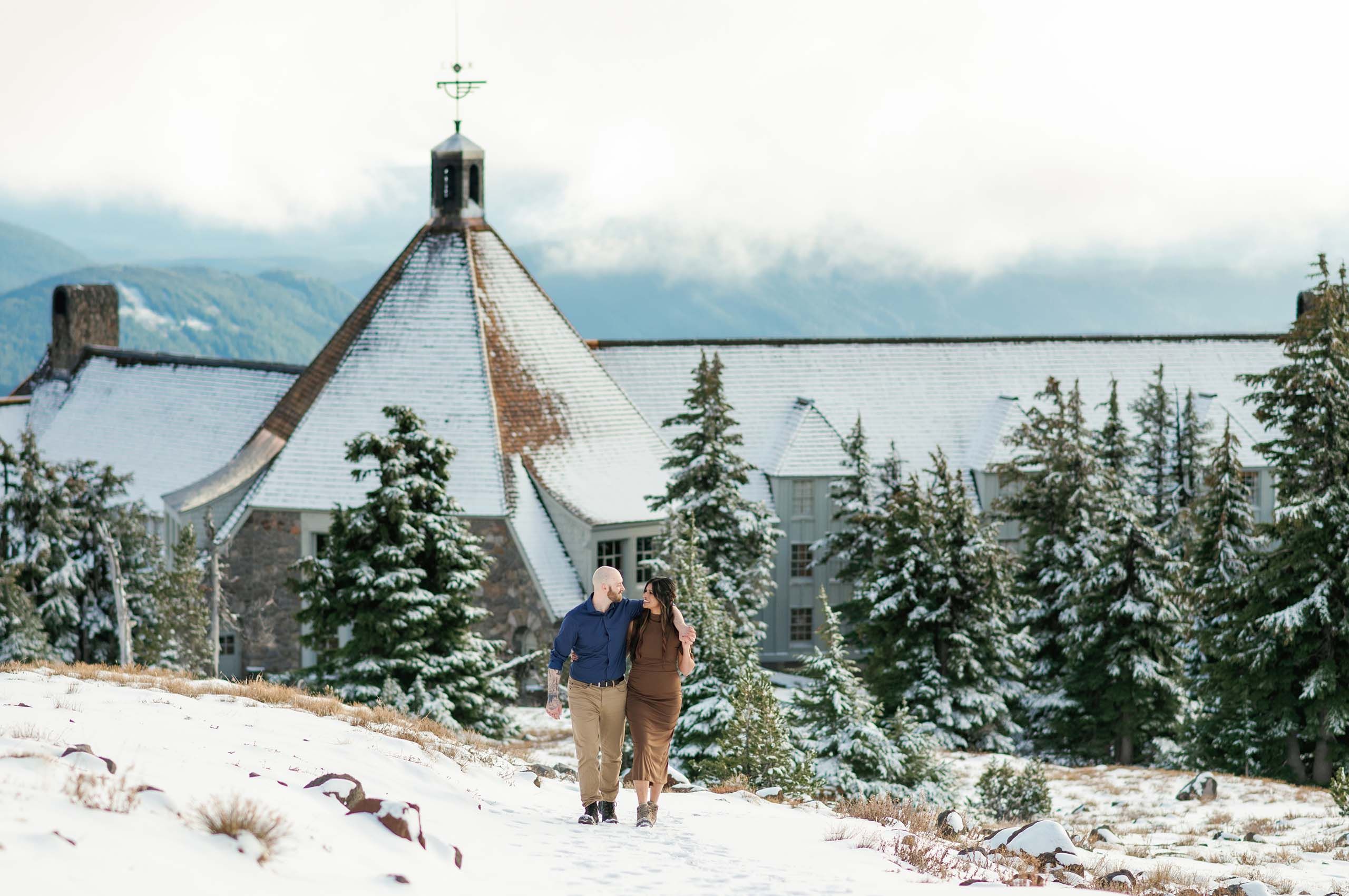 Snowy Timberline Lodge engagement