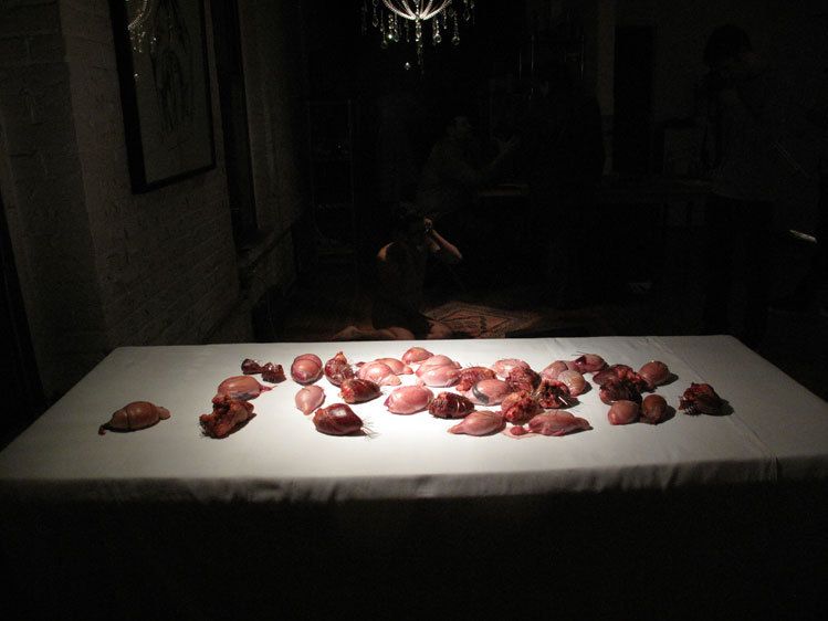 Joseph Shahadi's installation of lams hearts and testicles (some stabbed with needles), titled ""The Torture Commissioned By The Emperor For The Good Of The People". At "Home-Land" art show, curated by Makram Hamdan. 11.14.2010 Joseph Shahadi's installation.