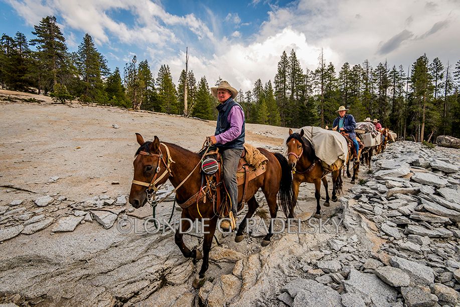 Cowboys leading pack horses across the granite rock trail. West side of the High Sierra Nevada wilderness, CA .                   ©Londie G. Padelsky FT1708_0238_LondieGPadelsky