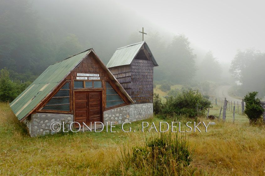Quaint little country church in the fog shrouded Azul Valley, Patagonia, Chile, South America ©Londie G. Padelsky 10SAC_LGP9179_LondieGPadelsky